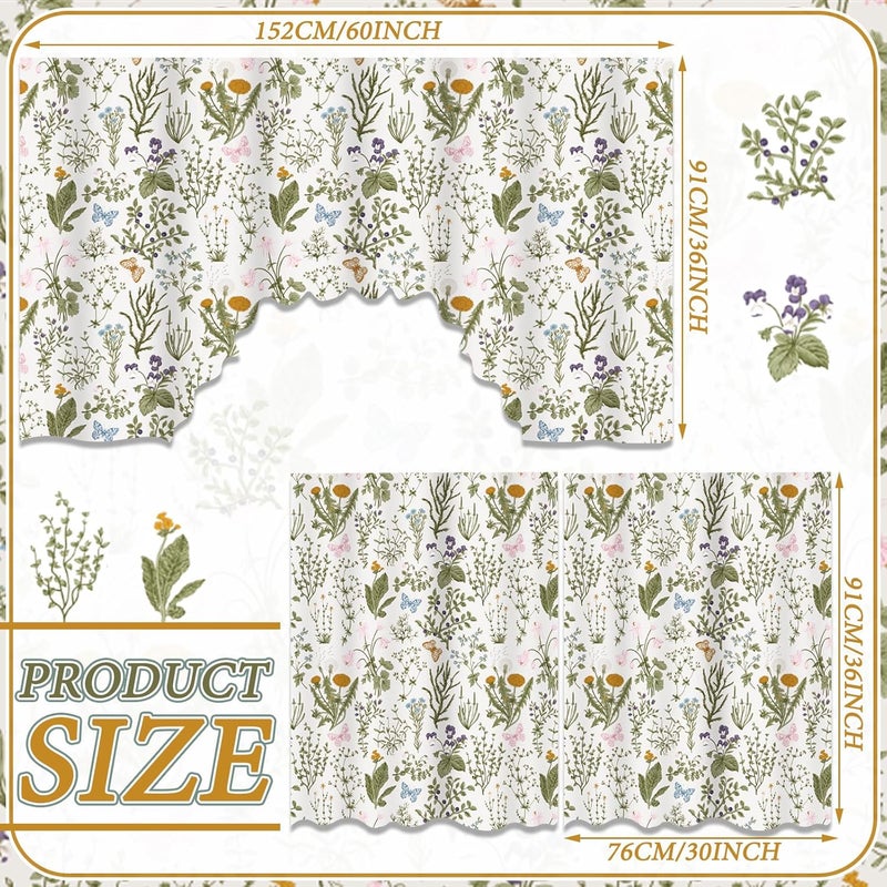Remagr Spring Kitchen Curtains 3 Pieces Set Plants and Flowers Window Curtains and Valance for Kitchen Bedroom Living Room Cafe Windows Spring Home Decor 60'' x 36'' Valance & 36'' x 30'' x 2 Panels - Image 3
